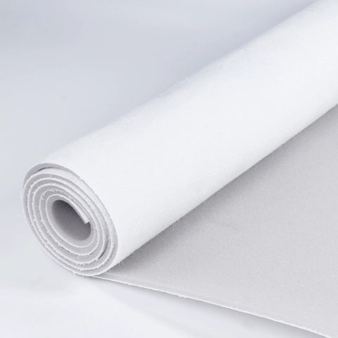 White suede headliner fabric roll with foam backing for automotive roof upholstery.