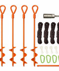 15 Inch Screw In Ground Anchors Pack Of 4 Go-To Heavy Duty Orange Stakes With Drill Bit And Glow Carabiners High Visibility