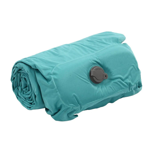 Rolled Peacock Blue Inflatable Sleeping Pad For Camping And Backpacking With Built In Pump