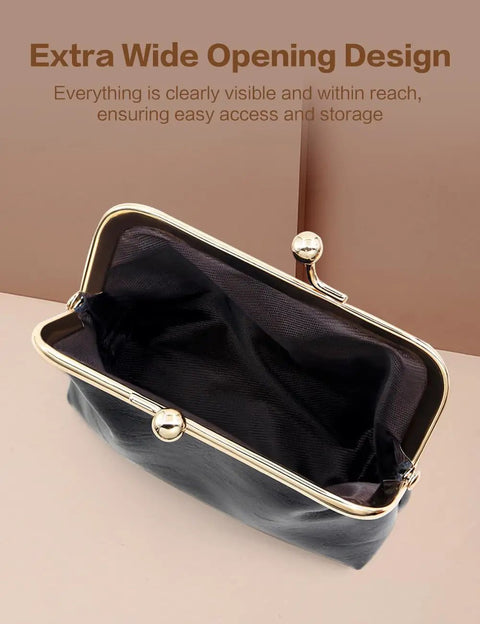 Open view of Totally Adorable Vintage Coin Purse For Women Super Chic Mini Leather Change Pouch With Secure Kiss Lock Clasp.
