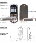 3 In 1 Ultra Secure Electronic Keypad Door Lock With Handle For Front Door Keypad Card FOB Access And Physical Key Auto Lock Right Handed Satin Nickel Finish Easy Family Safe Keyless Entry, showing keypad, dimensions, and details.