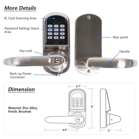 3 In 1 Ultra Secure Electronic Keypad Door Lock With Handle For Front Door Keypad Card FOB Access And Physical Key Auto Lock Right Handed Satin Nickel Finish Easy Family Safe Keyless Entry, showing keypad, dimensions, and details.