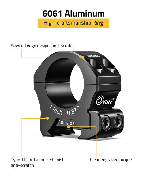Heavy Duty Rock Solid One Inch Scope Rings For Rifle Scopes With Lockdown Picatinny Rail Base, 6061 aluminum, anti-scratch design.