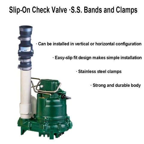 Slip On Sump Pump Check Valve With Stainless Steel Clamps For One And One Half Inch Or One And One Quarter Inch ABS Body With EPDM Seals Corrosion Resistant Clamp Fasteners Easy Install Vertical Or Horizontal