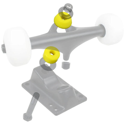 Skateboard And Longboard Truck Replacement Bushings Four Pack For Two Trucks USA Made With Multiple Colors And Durometers 88A To 99A Including 94A Yellow For Softer Or Stiffer Ride And Smoother Turns, showing yellow bushings on skateboard truck.