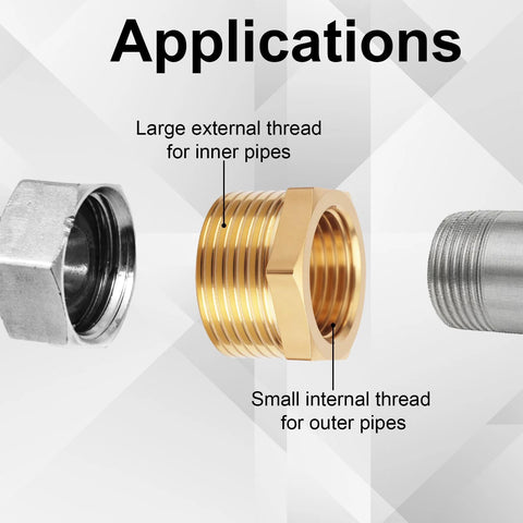 Close-up of brass reducer hex bushing, 3/4 NPT male to 1/2 NPT female, front view
