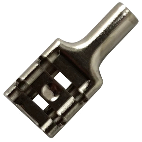 Close-up of High Temperature Non Insulated Female Spade Connectors Set For 16 To 14 Gauge Quick Disconnect One Quarter Inch Tab 100 Piece Pack Durable Nickel Plated Steel Made In USA