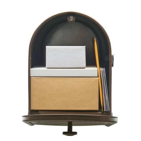 Large Capacity Post Mount Mailbox In Galvanized Steel With Venetian Bronze Finish open showing packages inside