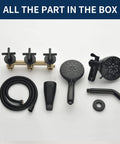 All In One Matte Black Shower Faucet Set With Rainfall Head, Pressure Balance Valve, Rough In Trim Kit And Complete 6011B System parts