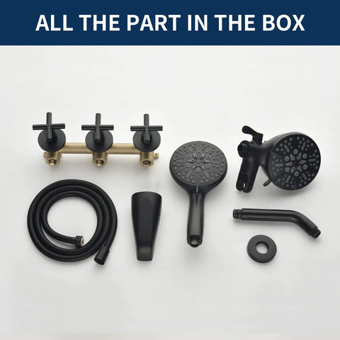 All In One Matte Black Shower Faucet Set With Rainfall Head, Pressure Balance Valve, Rough In Trim Kit And Complete 6011B System parts