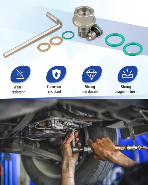Heavy Duty M12.1 15mm Oversize Magnetic Oil Drain Plug That Traps Metal Shavings Perfect For Engine Oil Pans Transmission And Differential Flush Jobs Without Leaking. 304 stainless steel magnetic drain plug with washers and hex key