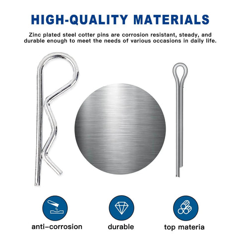 420 Piece Cotter Pin And Hairpin Pin Assortment Kit Zinc Plated R Clips And Spring Retaining Pins, close-up of pins and material
