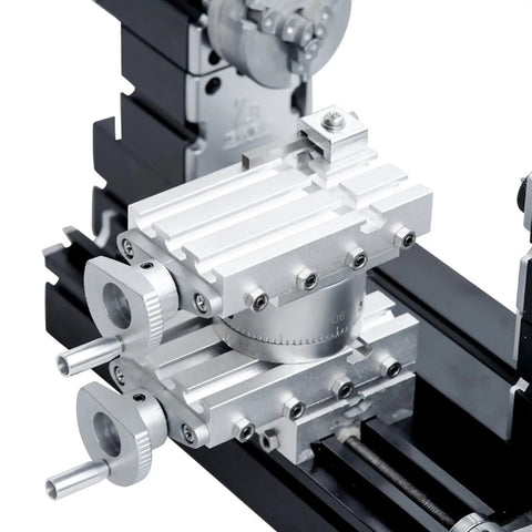 Precision Mini Metal Lathe 60W 12000 RPM Four Axis Micro Machining Tool with detailed metal components and dials.