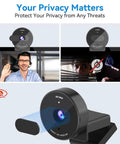 Slick 1080P USB Webcam With Crisp Stereo Mic And Slide Lock Privacy Slider, showing webcam with privacy cover mounted on a monitor.