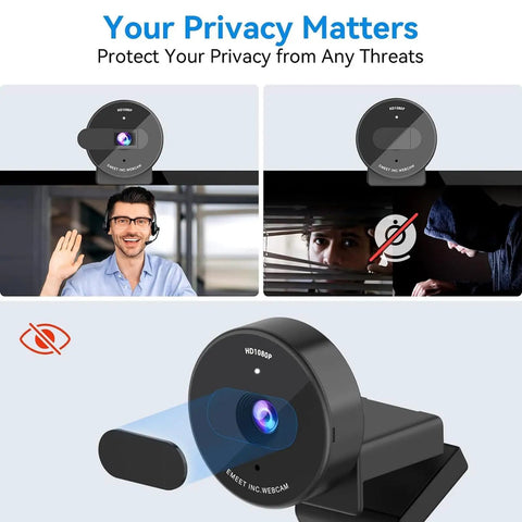 Slick 1080P USB Webcam With Crisp Stereo Mic And Slide Lock Privacy Slider, showing webcam with privacy cover mounted on a monitor.