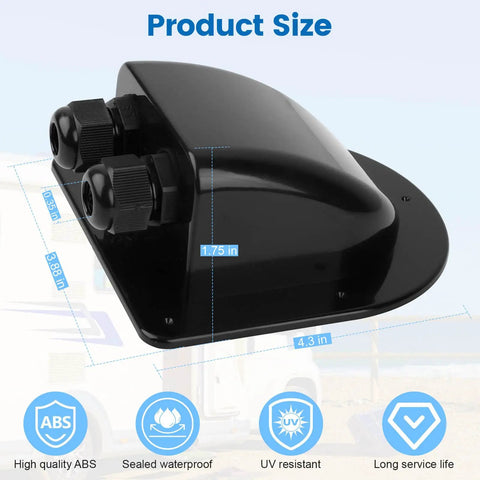 Waterproof ABS Solar Cable Entry Gland Double Pack For RV Campervan Boat Roof, black with dimensions and features shown