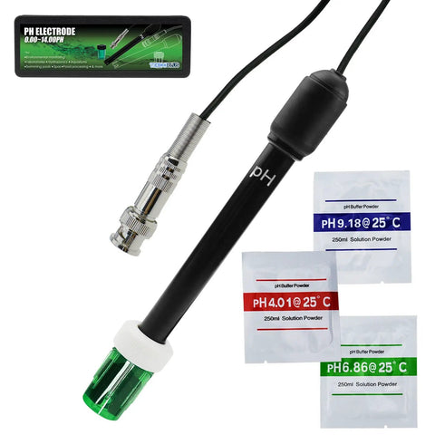 0-14 pH Electrode Probe With 300cm Cable And Replacement BNC Connector, buffering solution packets shown