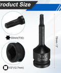 Three Piece 1/2 Inch Drive Torx T30 Socket Set, showing socket dimensions, chrome molybdenum steel