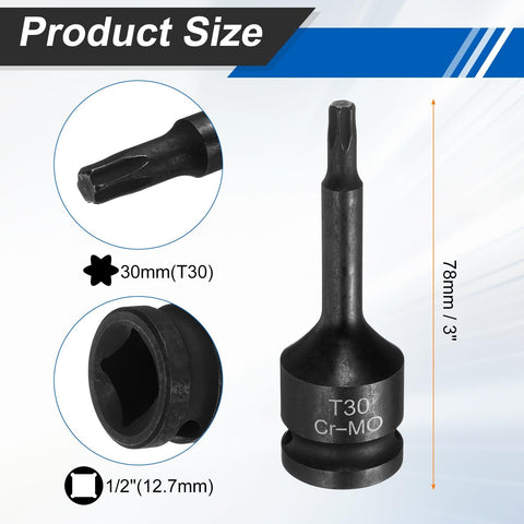 Three Piece 1/2 Inch Drive Torx T30 Socket Set, showing socket dimensions, chrome molybdenum steel