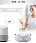 Voice control WiFi Garage Door Opener Remote with Alexa Google Assistant and Siri next to woman making juice