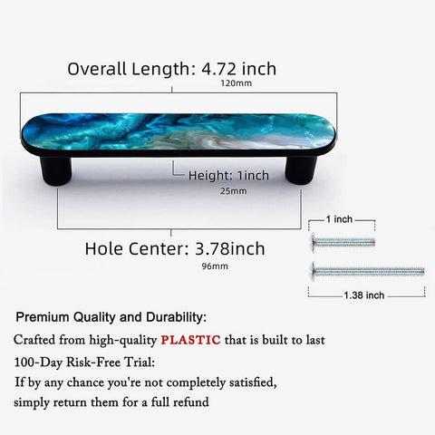 Four Pack Aqua Aquamarine Blue Water Cabinet Handles Three And Three Quarters Inch Hole Centers Black Drawer Pulls For Kitchen And Bathroom Cabinets Serene Ocean Wave Design Jewel Tone Finish Durable Metal Hardware diagram