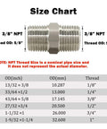 Size chart for Stainless Steel Hex Nipple Three Eighths Inch NPT Male To Male Pipe Fittings, 2 Pack, with dimensions and threads.