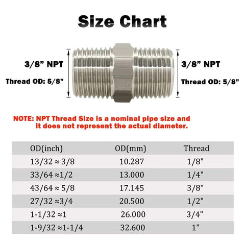 Size chart for Stainless Steel Hex Nipple Three Eighths Inch NPT Male To Male Pipe Fittings, 2 Pack, with dimensions and threads.