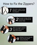 Instructions for using Pro-Grade Metal Zipper Repair Kit Set with tools and steps for fixing zippers on various items.