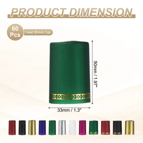 Straight Up Green Heat Shrink Caps For Wine And Oil Bottles 60 Pack 33 X 50 Mm Premium Pvc Bottle Sealer Kit displayed with dimensions.