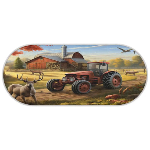 Country landscape with a red tractor, barn, and deer on Ultra Plush Microfiber Bath Mat With Non Slip Grip Absorbent Oval Floor Rug.