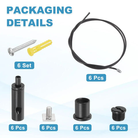 Six Set Ceiling Hanging Wire Cable Kit With 1.6ft Adjustable Suspension and Square Mount Screw Kit, black components