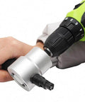 Using Double Head Metal Nibbler Cutter Set with drill attachment for precise sheet metal fabrication in workshops.