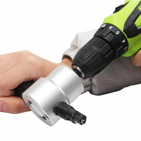 Using Double Head Metal Nibbler Cutter Set with drill attachment for precise sheet metal fabrication in workshops.