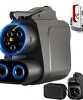 NACS To CCS Electric Vehicle Charging Adapter Compatible With Tesla Superchargers, showing dual ports with glowing rings.