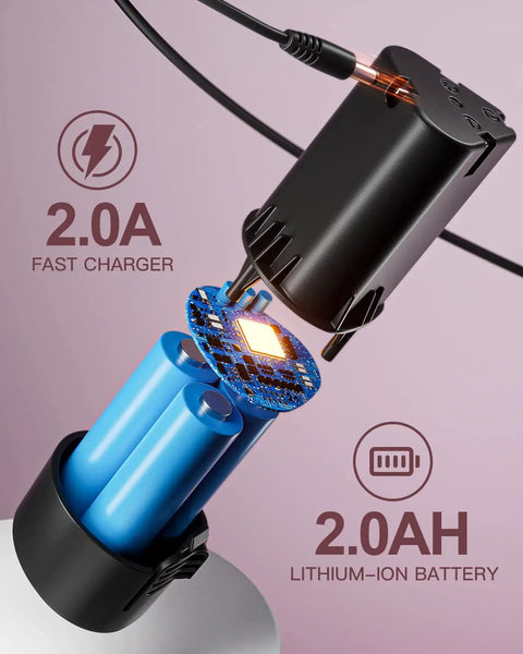 Close-up of a 2.0Ah lithium-ion battery and charger for Pink Cordless Drill Set for Women with 12 Volt Power.