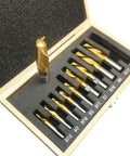 Set of 10 tin-coated 2-flute HSS end mills in a wooden case, front view