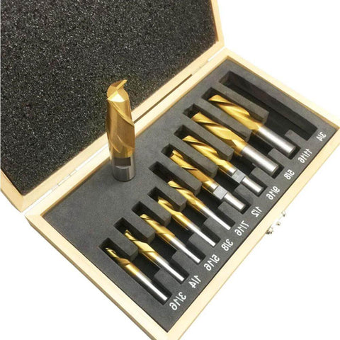 Set of 10 tin-coated 2-flute HSS end mills in a wooden case, front view
