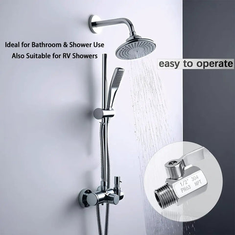 Built Tough 304 Stainless Steel Shower Head Shut Off Valve Half Inch Female To Male Npt Thread Mini Ball Valve mounted in bathroom.