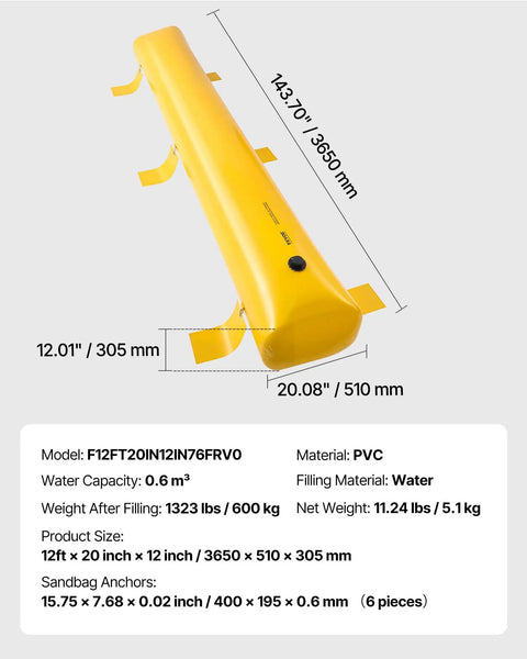 Pro Grade Flood Barrier System For Home Protection, Easy Fill Sandbag Alternative, yellow PVC tube, dimensions labeled