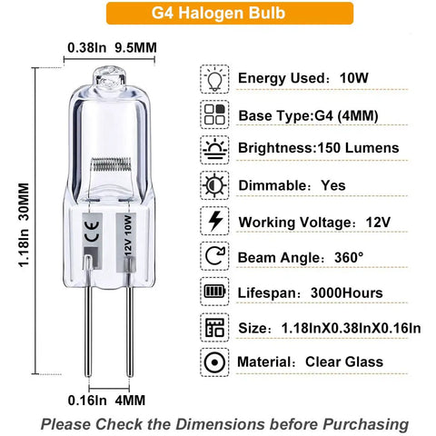 Bi-Pin Halogen Bulbs Pack of 10, 12V 10W, 150 Lumens High Output, Dimmable Warm White 2800K, CRI 100, Long-Lasting Cabinet Lighting diagram