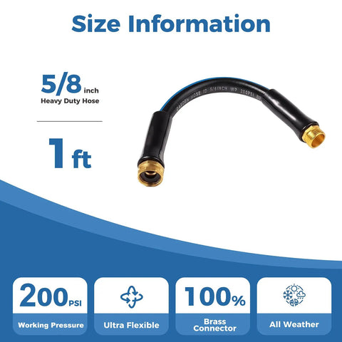 Compact Lightweight Garden Hose 1 Foot By 5 Eighth Inch With Three Quarter Inch GHT Male To Female Fittings shown with details