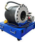 Shop Ready 12v Portable Electric Hydraulic Hose Crimping Machine With Ten Heavy Die Sets Quarter To Two Inch Range Three Hundred Ton Press For Grease Monkey Brake Line Swaps, side view with hydraulic hose.