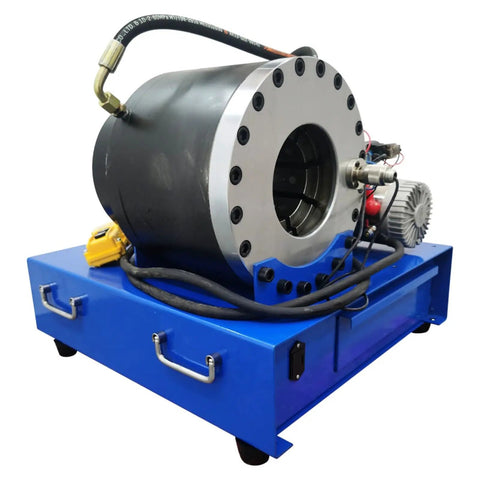Shop Ready 12v Portable Electric Hydraulic Hose Crimping Machine With Ten Heavy Die Sets Quarter To Two Inch Range Three Hundred Ton Press For Grease Monkey Brake Line Swaps, side view with hydraulic hose.