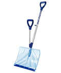 Shovelution Strain Reducing Ice Remover With Assist Handle 18 Inch Heavy Duty Snow Shovel, blue, with clear blade, side view