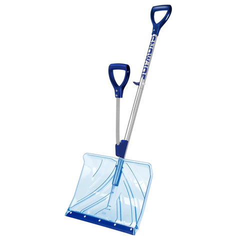 Shovelution Strain Reducing Ice Remover With Assist Handle 18 Inch Heavy Duty Snow Shovel, blue, with clear blade, side view