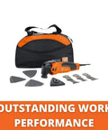 Beast Of An Oscillating Tool Kit For Interior Renovation With 350W Motor, Starlock Max Mount, and accessories on display with bag