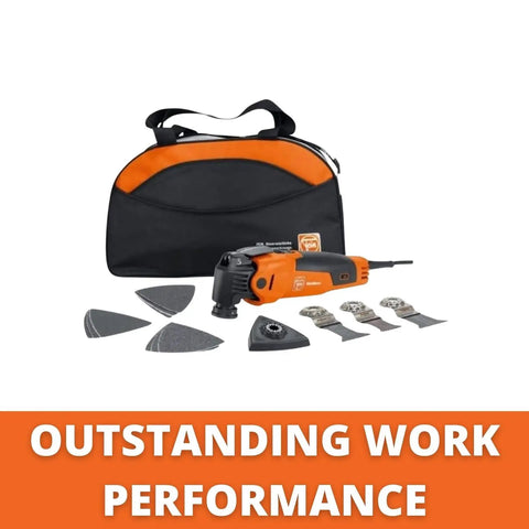 Beast Of An Oscillating Tool Kit For Interior Renovation With 350W Motor, Starlock Max Mount, and accessories on display with bag
