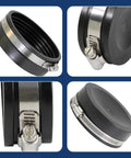 4 Inch Flexible PVC Pipe Cap With Stainless Steel Clamps For DWV Systems Black Dope Durable Cap That Fits Most Cast Iron PVC ABS And Schedule 40 Pipes Cap ID About 4.75 Inches And Provides Tight Clamp Seal, displayed in multiple angles.