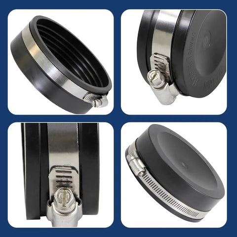 4 Inch Flexible PVC Pipe Cap With Stainless Steel Clamps For DWV Systems Black Dope Durable Cap That Fits Most Cast Iron PVC ABS And Schedule 40 Pipes Cap ID About 4.75 Inches And Provides Tight Clamp Seal, displayed in multiple angles.