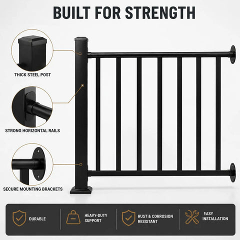 Hella Tough Deck Railing Kit With Reinforced Posts For Patios And Stairs meets building codes with strong black steel rails and posts.